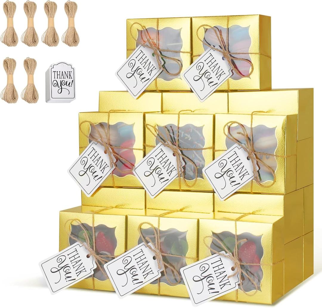 KPOSIYA 60 Pcs Gold Bakery Boxes with Window Individual Cupcake Boxes 4x4x2.5 Inches Cookie Boxes Kraft Paper Gold Gift Box for Pastries, Cookies, Pie, Donuts, Macaroon
