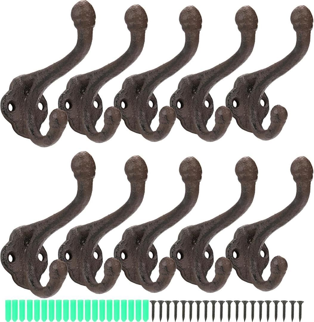 Peohud 10 Pack Cast Iron Coat Hooks, Rustic Wall Hooks, Wall Mounted Farmhouse Coat Hangers, Heavy Duty Double Hooks for Hanging Coats, Bags, Caps, Hats, Towels, Keys