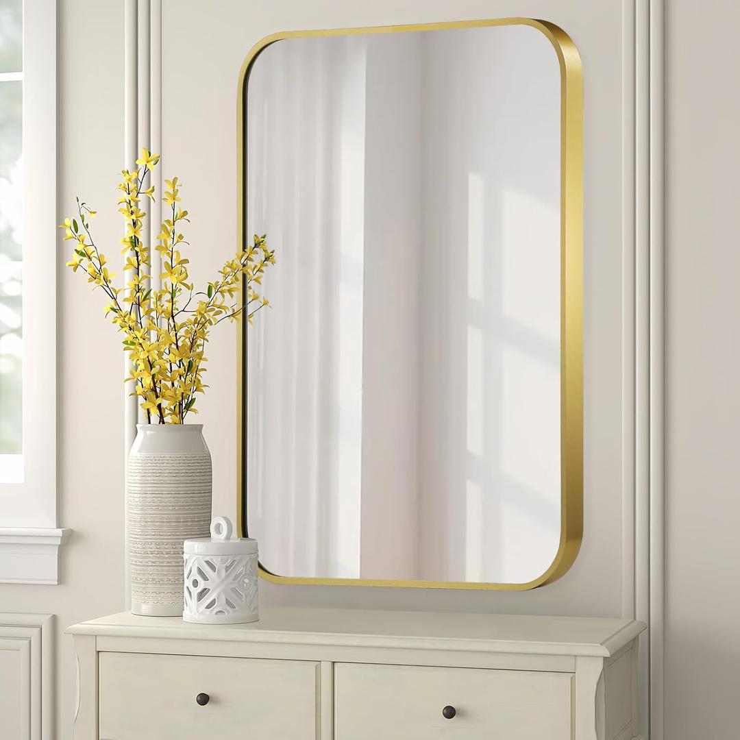 FARMER 24x32 Inch Matte Gold Bathroom Mirrors for Wall, Brushed Bathroom Vanity Mirror with Rounded Edge, Metal Framed Rectangle Mirrors for Bathroom or Living Rooms, Hangs Horizontally or Vertically (32"L x 24"W, Gold(matte))