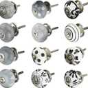 Decorative Knobs for Kitchen Cabinets and Drawers- Grey and White Drawer Pulls with Hand Painted Designs - Ceramic Wardrobe, Cupboard, & Bathroom Cabinet Knobs - 12 Pack