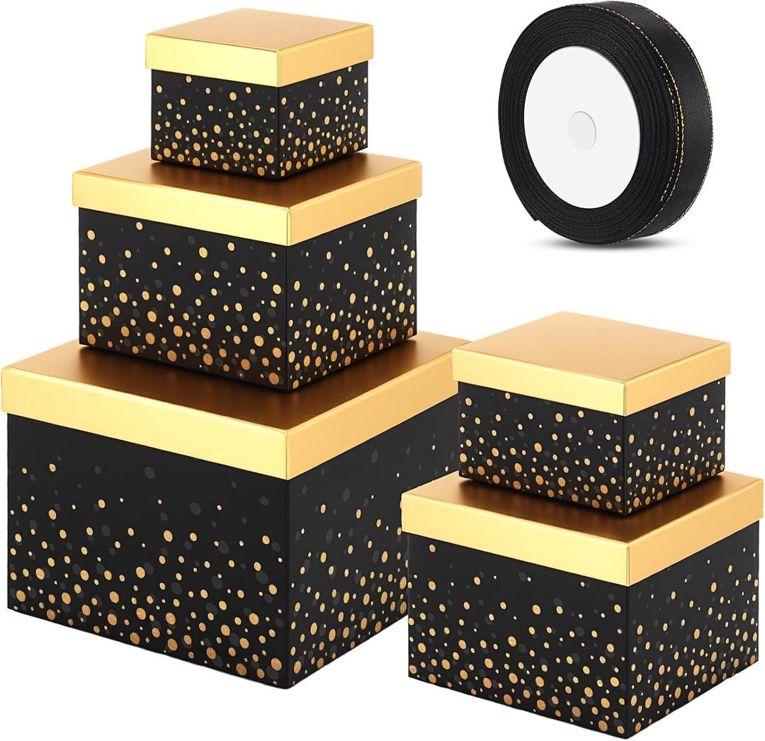 5 Valentine's Day Black Square Nesting Boxes Decorative Gift Boxes with Lid and Ribbon 5 Assorted Sizes Wrap for Valentine, Anniversary, Birthday
