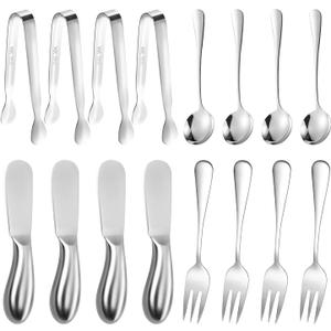 Cheese Butter Spreader Knives Set 16 Pieces Stainless Steel Multipurpose Butter Knives Cheese Slicer Mini Serving Tongs Forks and Spoons for Butter Spreader (Silver01)