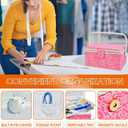 Sewing Basket (Pink, Large Rectangle) | Wooden Sewing Storage Box with Removable Tray, Vintage Sewing Carrying Bag for Sewing Mending, Beginner, Professional
