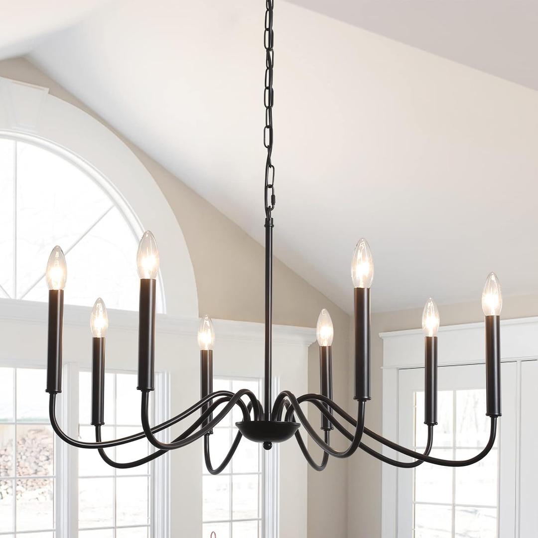 Generies Black Farmhouse Chandelier 8 Lights, Modern Industrial Iron Pendant Lighting, Classic Rustic Candle Ceiling Light Fixture for Bedroom, Living Room, Dining Room, Kitchen Island, Black