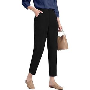 Houmous Womens Cotton Barrel Pants 26" Stretch Lounge Golf Travel Casual Slacks Belt Loops Pockets (26 Inseam, Black, X-Large)