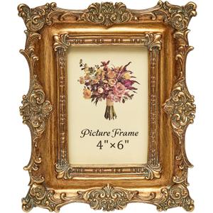 JANDERART Vintage Picture Frame 4x6 Inch, 4 by 6 Ornate Antique Photo Frames with Glass Front, Retro Carving, Tabletop & Wall Hanging, Photo Display, Gold