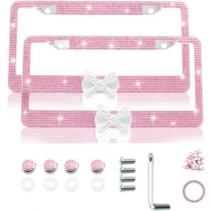 2 Pack Bling Rhinestone License Plate Frames for Women, Cute Diamond Car License Frame with Bow(Pink)