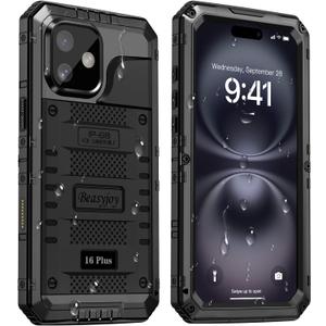 Beasyjoy for iPhone 16 Plus Case Waterproof, Metal Heavy Duty Full Body Protective Case with Built-in Screen Protector, Military Grade Shockproof Defender Cover for iPhone 16 Plus 6.7", Black