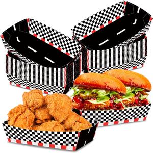 No Folding Required 50 Pack 2 Lb Racing Plates Paper Food Trays Checkered Nacho Trays Disposable Racing Party Food Boat Black and White Food Serving Tray for Race Themed Snack Party Baskets Supplies
