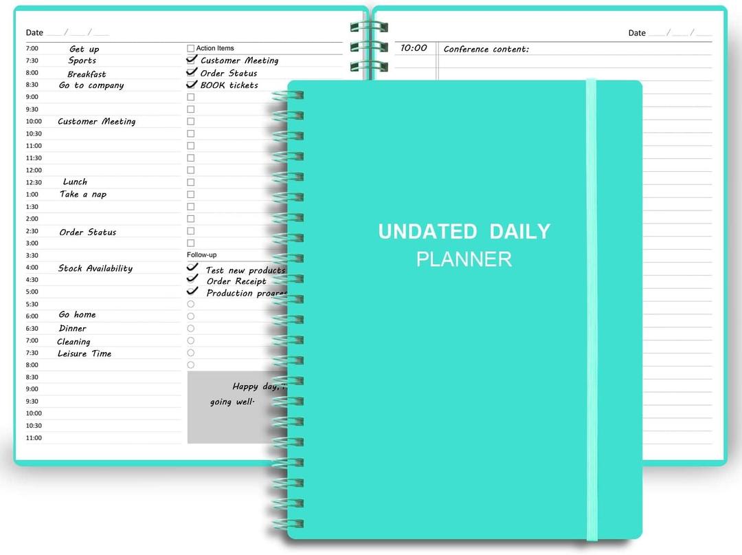Undated Daily Planner - Undated Planner with Hourly Schedules, Action Items and Follow-up, A4 Daily Organizer Notebook to Increase Productivity, Appointment Book for Time Management, 8.5  11 Inch (Turquoise)