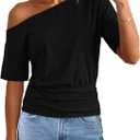 MEROKEETY Women's Off The Shoulder Short Sleeve Tops 2026 Summer Casual Going Out Trendy Y2k T Shirts (Black, XL)