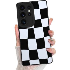 KANGHAR Compatible with Samsung Galaxy S25 Ultra Case, Silicone Checkered Cute Pattern, Camera Protection Soft Slim Phone Case for Girls Women -Black and White