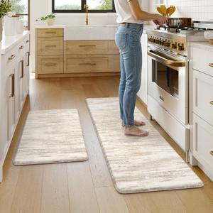 KIMODE Anti Fatigue Kitchen Mats for Floor, Farmhouse Brown Kitchen Rugs Sets of 2, Summer Cushioned Kitchen Floor Mats, Comfort Standing Mats for Sink Laundry Office Desk 20"x59"+20"x32"