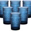 Vintage Glassware Drinking Glasses Set of 6,13 oz Blue Textured Flower Design Glass Water TumblersEmbossed Striped Drinkware for Water,Cocktails,Juice,Iced Coffee