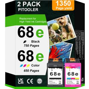 68XL Ink Cartridges Black and Color Combo Pack Replacement for HP Ink 68 68e for Envy 6100e 6500e Series Ink Works for Envy 6100e 6552e 6555e 6558e 6155e 6152e Printer (1 Black, 1 Color)