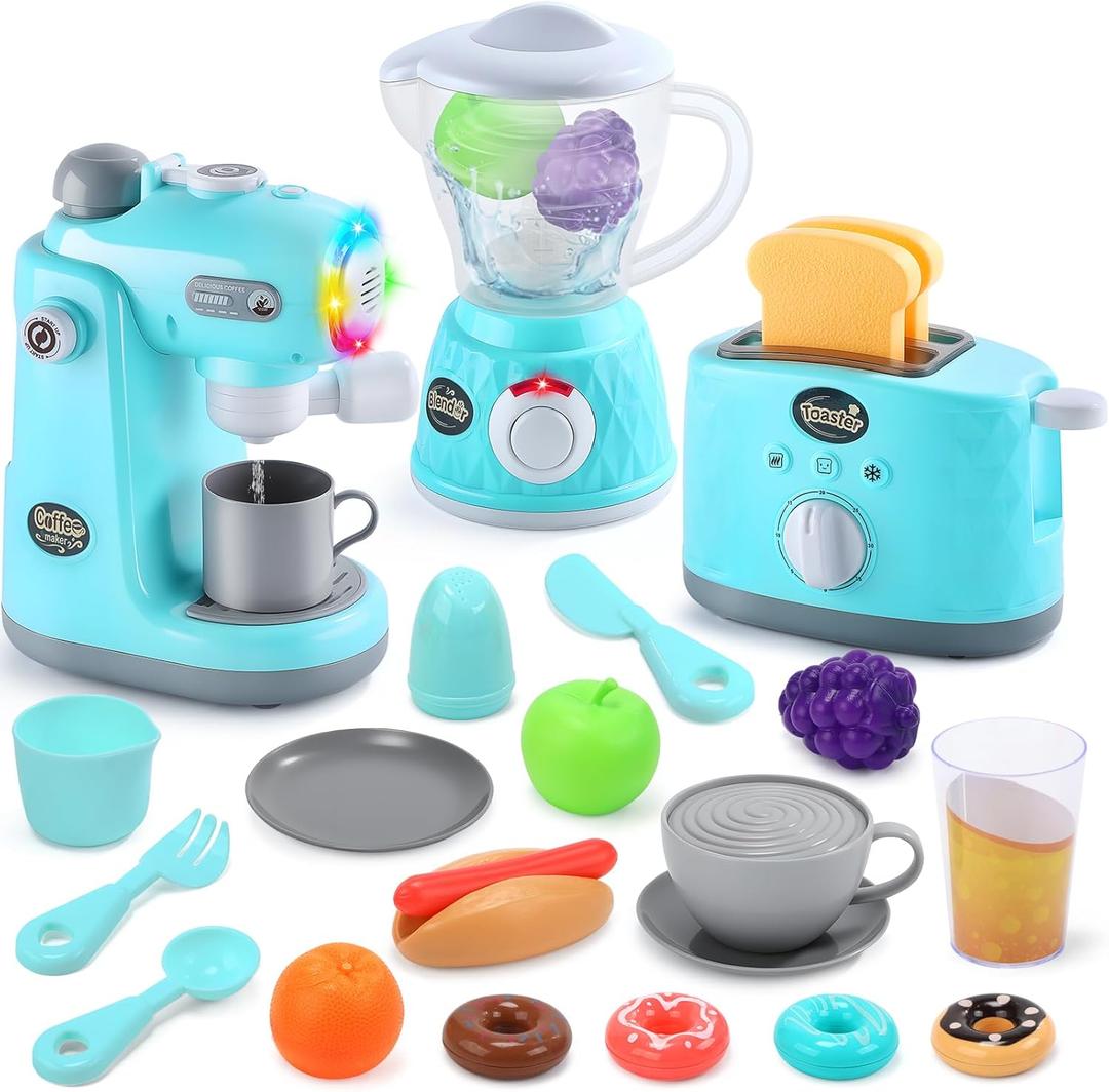 CUTE STONE Kids Kitchen Playset, Toy Kitchen Appliance Sets with Working Coffee Maker, Blender & Toaster, Realistic Sounds & Light, Includes Kids Kitchen Accessories & Play Food for Boys & Girls