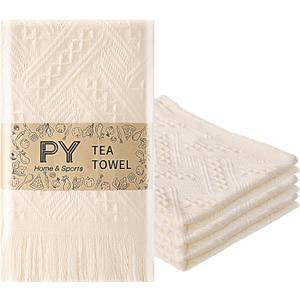 PY HOME & SPORTS Dish Towels Set, 100% Cotton Boho Kitchen Towels 4 Pieces, Super Absorbent Kitchen Hand Dish Cloths for Drying and Cleaning 13 x 29 Inches Beige
