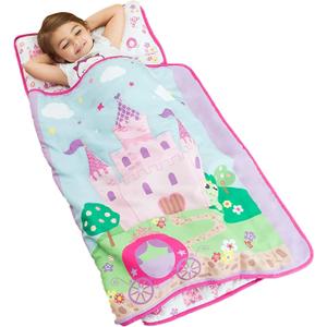 EVERYDAY KIDS Toddler Nap Mat with Removable Pillow -Princess Storyland- Carry Handle with Fastening Straps Closure, Rollup Design, Soft Microfiber for Preschool, Daycare, Sleeping Bag -Ages 2-6 Years