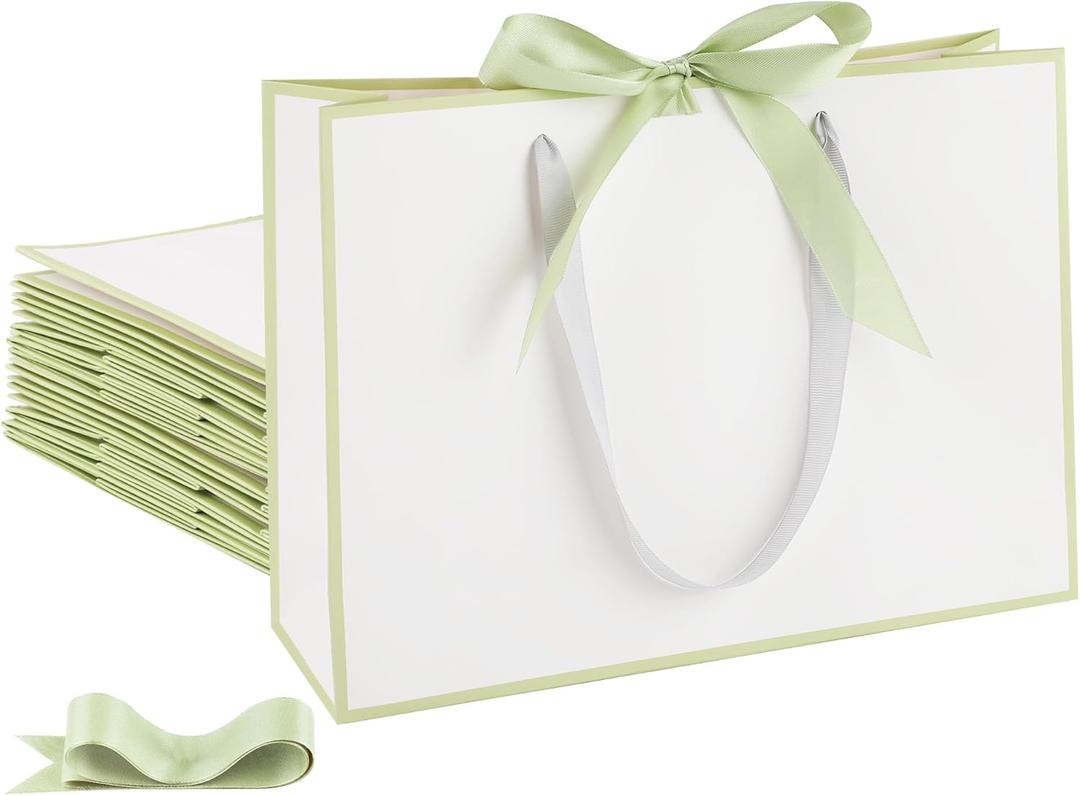STOBOCTER 25 Pcs Paper Gift Bags with Handles 12.6''x4''x9.1'' Thank You 5 Senses Gift Bags with Bow Ribbon for Wedding Bridesmaid Father's Day Graduation Housewarming Birthday(White, Sage Green)