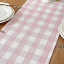 Laolitou Spring Pink Checkered Table Runner, Cotton Linen Gingham Table Runners, Classic Buffalo Plaid Farmhouse Table Decor, 13x108 Inches
