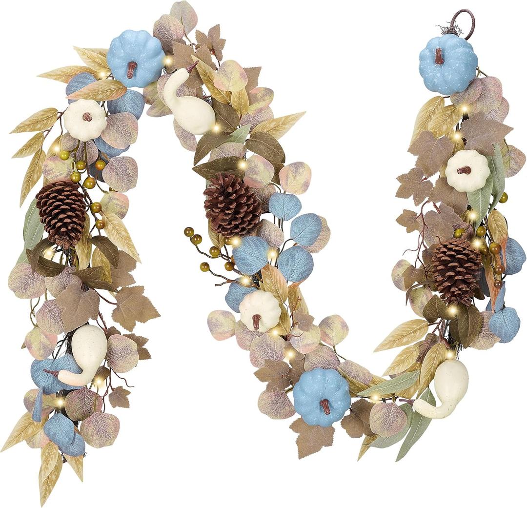 DecorbyHannah Fall Garland with Lights, 6 ft Artificial Autumn Harvest Garland for Mantle, Blue Fall Thanksgiving Decor with Pumpkin Pinecone Eucalyptus for Front Door Table Wall Indoor Outdoor Use