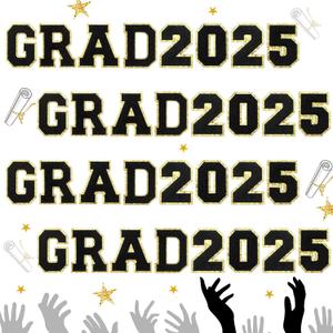 Lyrow 32 Pcs Self Adhesive Grad 2025 Iron on Patches Sew on Chenille Letter Patches Glitter Graduation Embroidered Applique Decor for DIY Cloth Graduation Decor 2.1 Inch, Black