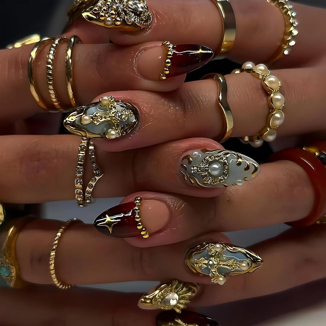 Fall Press On Nails Short Almond Luxury Brown Nails With Gems