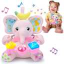 Holaxander Baby Elephant Musical Stuffed Animals Toy with Light-Up Music & Crinkle Sound Paper,Infant Bilingual Early Learning Education Toys,Tummy Time Toys for 0-3-6-12+ Months Boy Girl, Pink