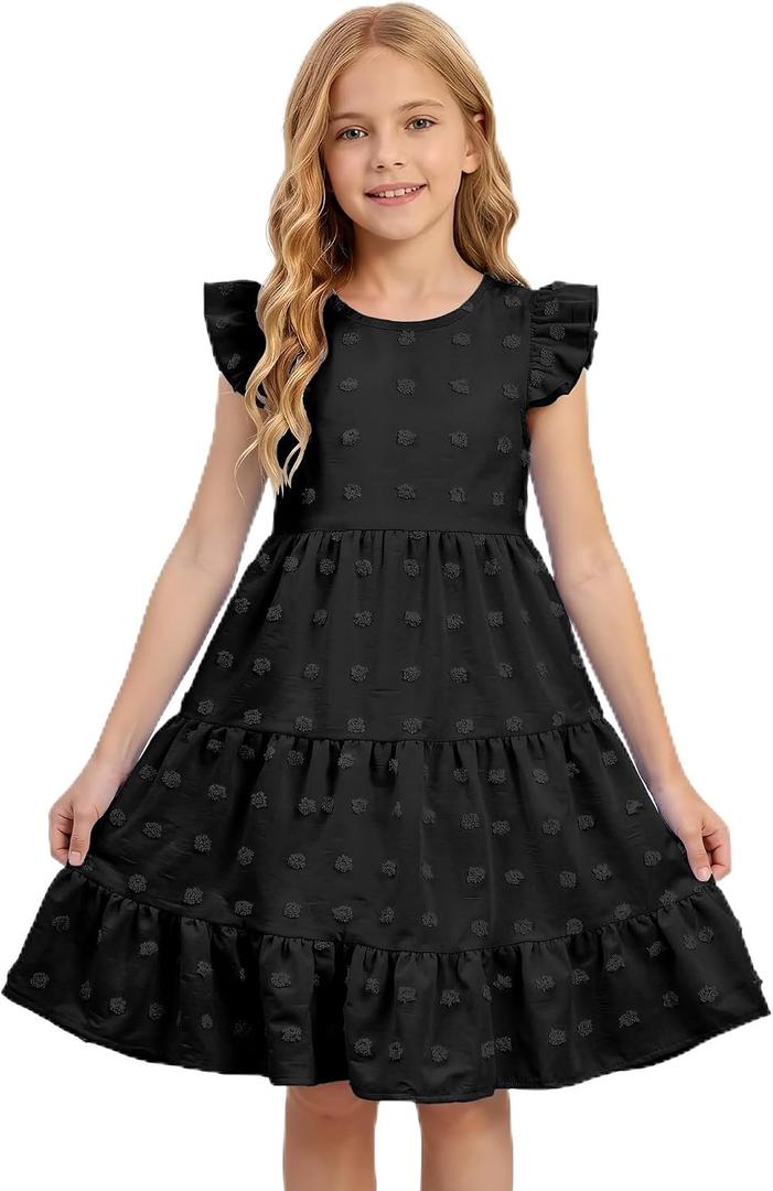 PUCOSARAH Girls Summer Dress Tween Short Sleeve Polka Dot Girl Party Dress, Black 120