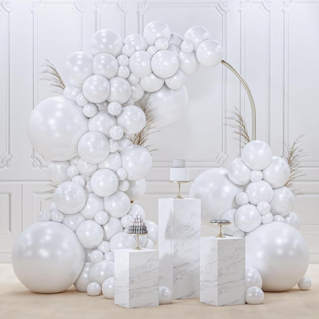 PartyWoo Pearl White Balloons 120pcs Different Sizes Pack of 18 12 10 5 Inch Metallic White Latex Balloon Arch Kit Garland for Wedding Graduation Baby Shower Birthday Party Decorations White-Z30