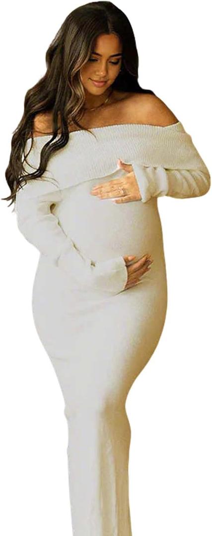 Off Shoulder Knit Bodycon Mermaid Going Out Baby Shower Maternity Sweater Maxi Dress (Medium, Beige)