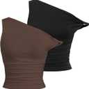 SOLY HUX Women's 2 Piece Tank Top Asymmetrical Neck Twist Ruched Sleeveless Going Out Tops (Medium, Black and Brown)