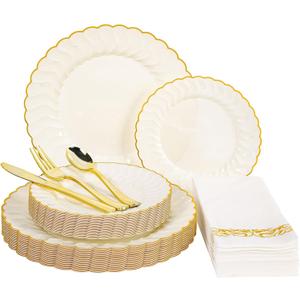 Lullaby 140PCS Elegant Disposable Dinnerware Set  40 Ivory Scalloped Gold-Trim Plates (20 Dinner, 20 Dessert), 40 Forks, 20 Spoons, 20 Knives & 20 Napkins  Fancy Plastic Plates for 20 Guests
