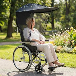 Electric Wheelchair Umbrella Canopy Awning Adjustable Side Gauze Breathable Sun Shade Rain Cover Waterproof UV Resistant Protection Wheelchair with Handles Canopy Accessory(Horizontal Style)