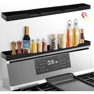 30 Inch Magnetic Stove Top Shelf | 3-Zone Kitchen Organizer with Anti-Slip & Anti-Fall Design | Heat Resistant (-40F to 446F) Food-Grade Silicone Spice Rack for Flat-Top Stoves, Black