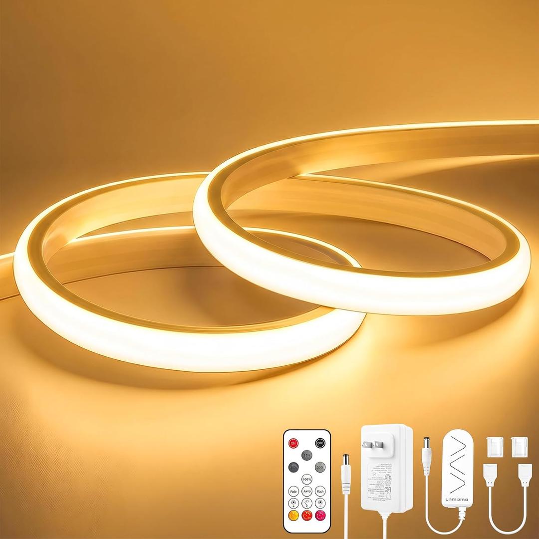 Lamomo COB LED Strip Lights 20Ft, Warm White Dimmable Self-Adhesive Led Rope Light with Remote, Flexible Cuttable Waterproof 3000K Silicone Neon Tape Light for Bedroom, Indoor, Cabinet, 10mm Width
