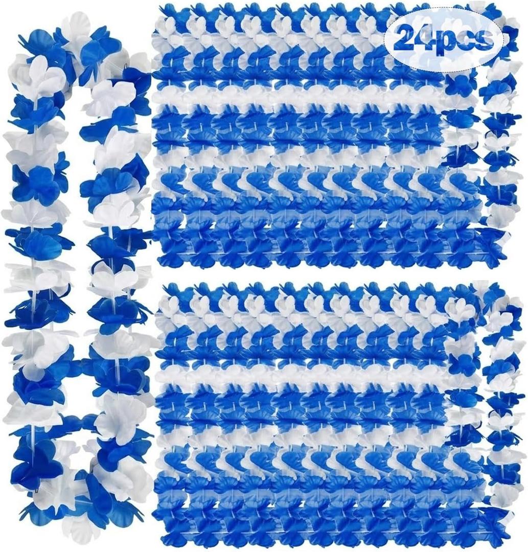 24 Pack Hawaiian Leis Bulk, Blue White Graduation Leis 41in Tropical Luau Party Flower Necklace, Gender Reveal Floral Garland, Beach Bachelorette Wedding Summer Pool Party Cruise Trip Decorations