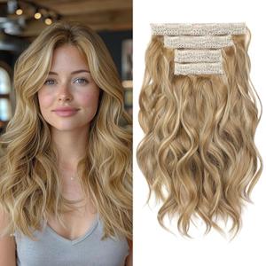 REECHO Hair Extensions, 4PCS Clip in Hair Extensions 14" Short Beach Wavy Invisible Lace Weft Natural Soft Hairpieces for Women  Honey Blonde with Highlights