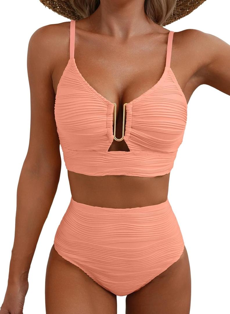 Herseas 2 Piece Bikini Set U-Wire Cutout Popular Swimsuit High Waisted Textured 2026 Summer Beach Swim Bathing Suits (XX-Large, Apricot Pink)