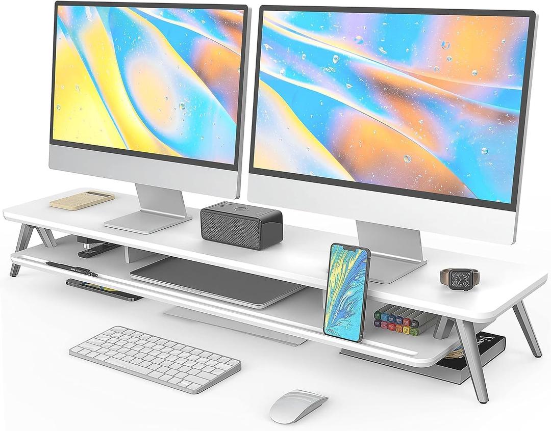 Fenge Dual Monitor Stand Riser, Wooden Desk Shelf with 2-Tier Storage
42.5-Inch Wide, Sturdy Aluminum Legs, Built-In Phone & Tablet Slot, Desktop Organizer for Office Accessories