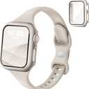 Thin Slim Band and Case Compatible for Apple Watch Bands Women Men 40mm 44mm 42mm 46mm 41mm 45mm, Silicone Sport Strap Cover and Screen Protector for iWatch Series 11/10/9/8/7/6/5/4/SE 3 (Starlight)