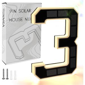 ISUNMEA 9 Inch Solar Lighted House Numbers for Outside, Light Up Waterproof LED Address Numbers Signs for Houses, Large Personalized Illuminated Exterior Modern House Numbers Light (3-Black, 9IN)