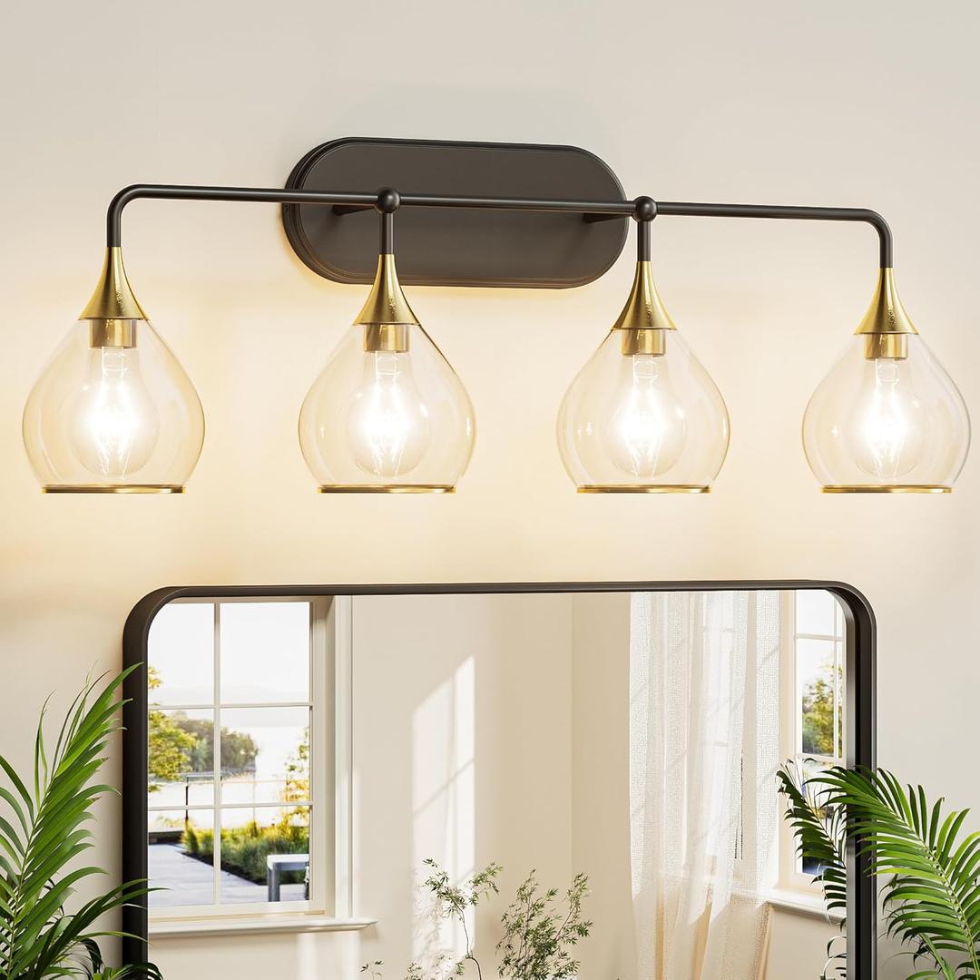 TETOTE 4-Light Modern Bathroom Light Fixtures, 4 Light Vanity Lights Over Mirror Black & Gold Wall Lamp with Clear Glass for Bathroom, Mirror, Living Room, Bedroom, Hallway, Black and Gold 