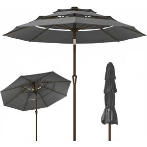 Kingdura 9ft 3-Tier Patio Umbrella, Outdoor Table Umbrella with Easy Crank & Tilt, 8 Reinforced Ribs, UV Protection for Deck, Pool, Market, Backyard (Grey)