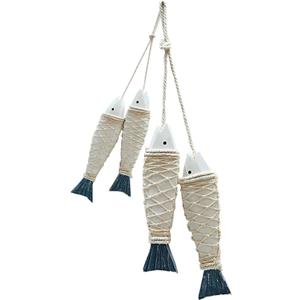 PWMENLK 4 Pcs Hand Carved Wooden Fish Home Wall Decor with Decorative Twine Rustic Coastal Art for Nautical Parties, Under The Sea Themes, Lake House Beach Themed Celebrations