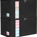 punemi 2 Pack Clothes Storage, Sturdy Blanket Storage Bags with Side Bottom Support, Storage Containers for Organizing Bedroom Closet Clothing Comforter, Organization and Storage W/Lids Handle,Black