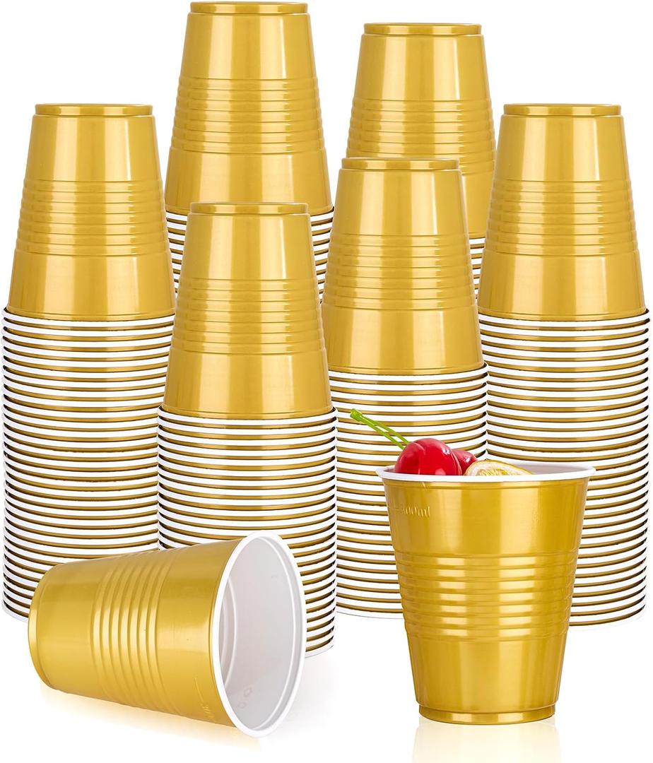 100 PCS Party Cups 12 Oz Plastic Cups Bulk for Party Graduation Wedding Birthday Family Gatherings and New Year (Gold)