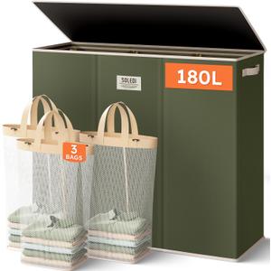 SOLEDI 180L 3-Section Laundry Hamper with Lid, Extra Large Dirty Clothes Basket with Sturdy Handles for Laundry Room & Bedroom - Durable Organizer for Sorting Laundry (Avocado Green)