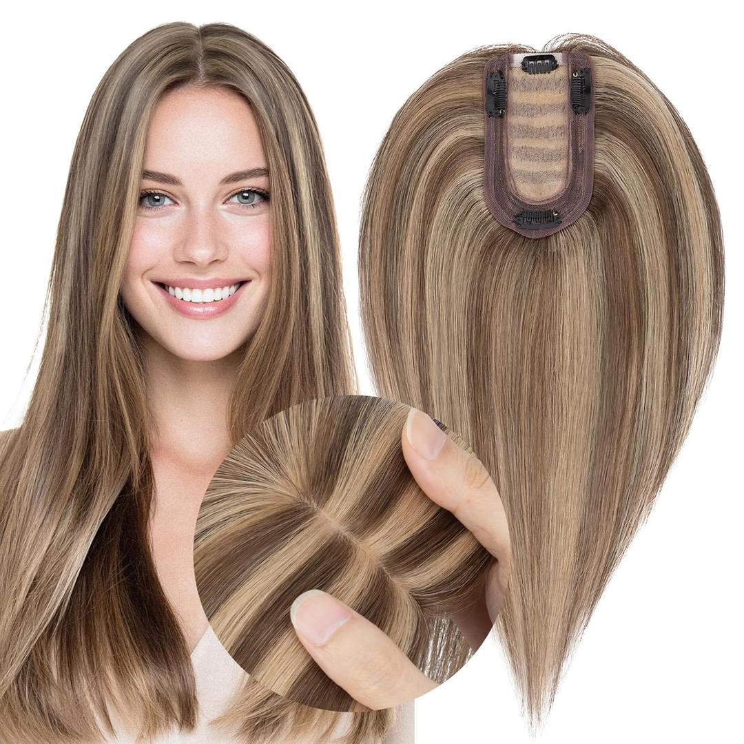 MY-LADY Human Hair Toppers for Women Real Human Hair Thin 7 * 13CM Silk Base with Lace Clip in Remy Hairpieces 150% Density 14 Inch Medium Brown & Dark Blonde
