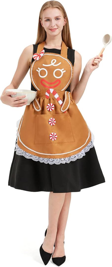 Christmas Gingerbread Apron for Women Adults Funny Baking and Cookie Kitchen Aprons Costume with Pockets Cute Festive Cooking Dress Outfit Accessories for Xmas Party Holiday Halloween